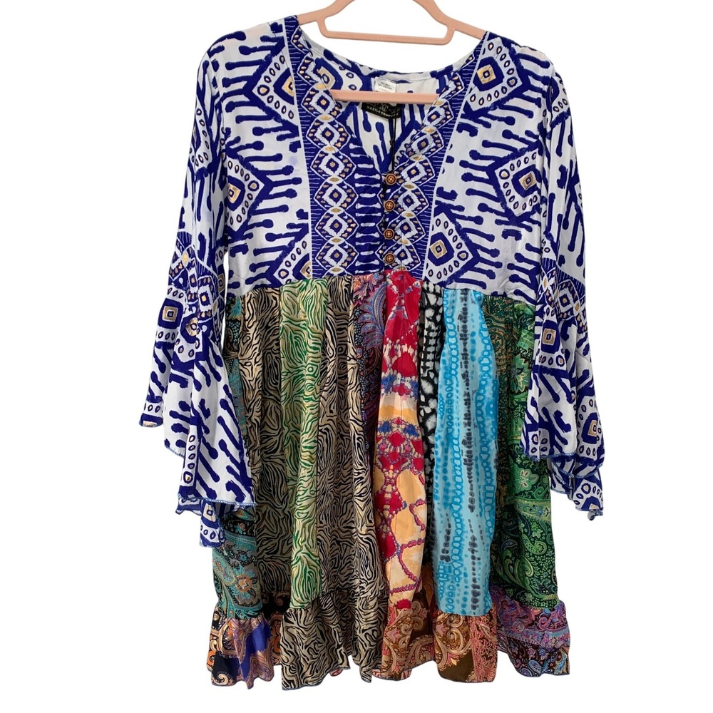 Nazila Couture 36" bust Silk Patchwork Top Blue Ikat Saree Fabric Bell Sleeve